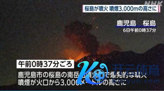 日本樱岛火山喷发烟柱高达3000米